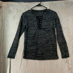 The Free Yoga Womens M Shirt Dark Gray Long Sleeve Lace Up V Neck Athletic